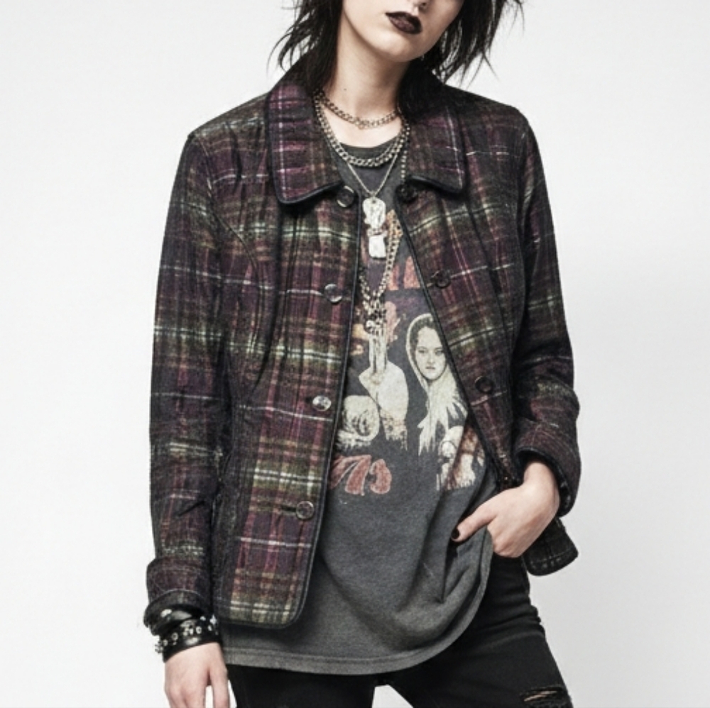 Chico's Jacket Purple Plaid Grunge Goth Punk Metallic Casual 2 (L)